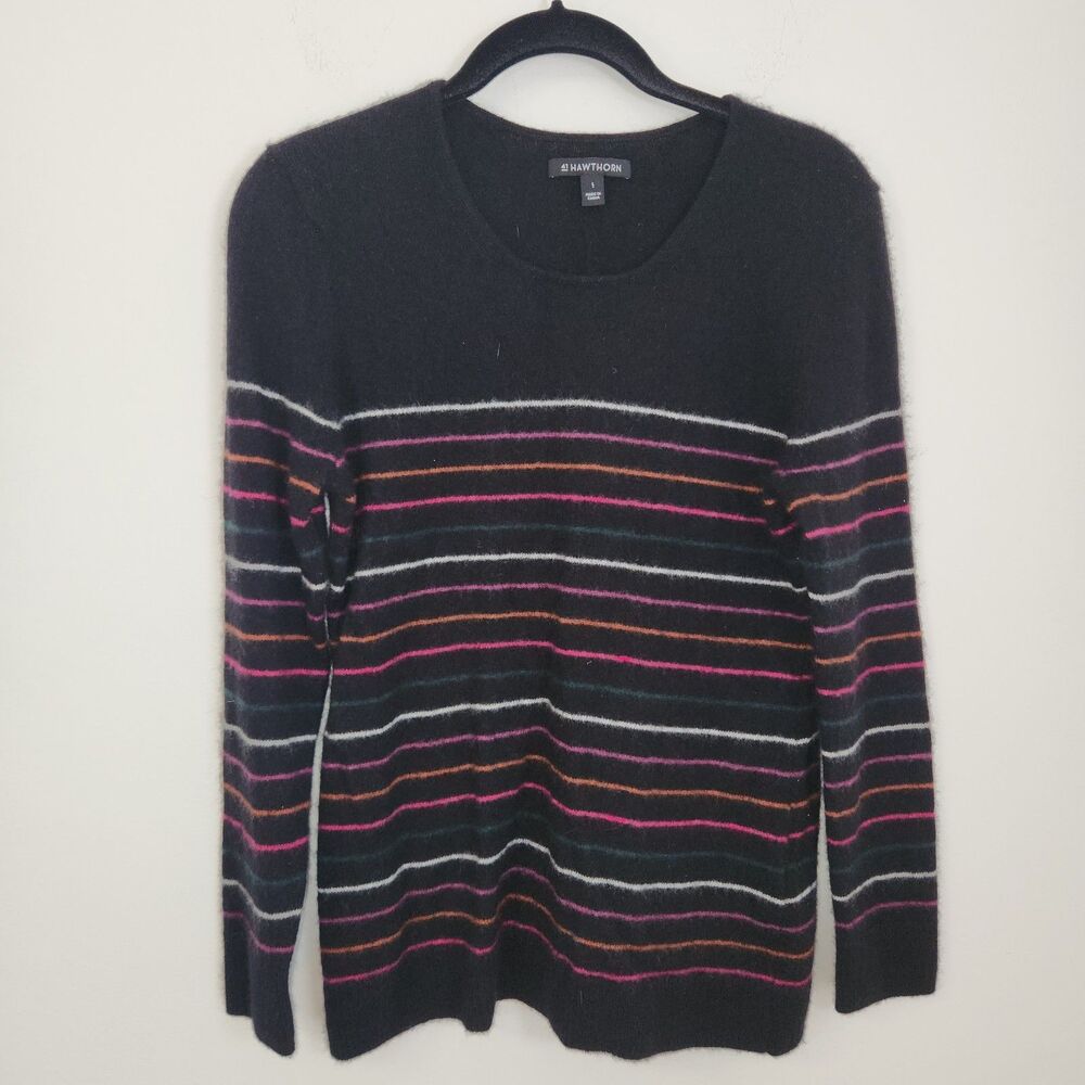 41Hawthorn 100% Cashmere Rella Cashmere Sweater Black Striped Casual LARGE